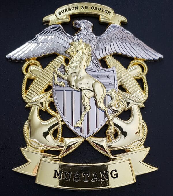 A gold and silver emblem with the name of mustang on it.