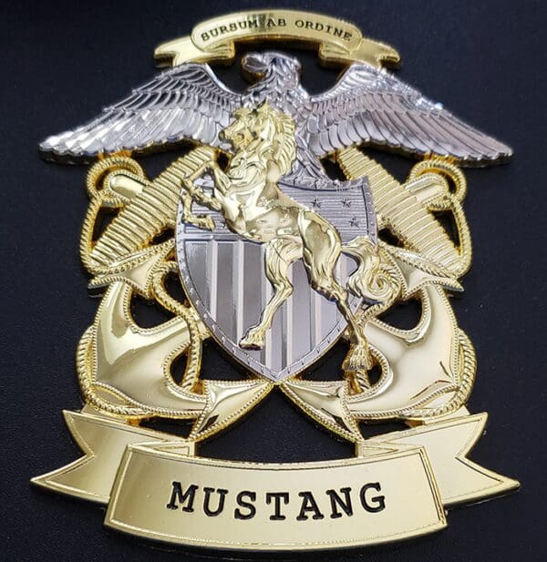 A gold and silver badge with the name of a mustang on it.