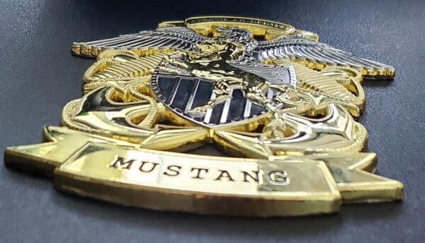 A close up of the name mustang on a badge