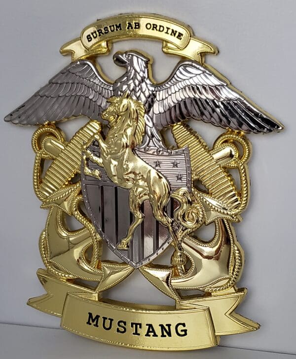 A gold and silver plaque with the name of a mustang on it.