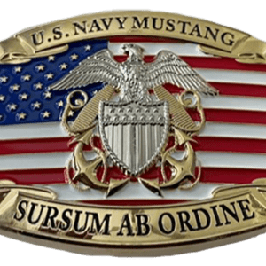 A picture of the u. S. Navy mustang emblem on a belt buckle
