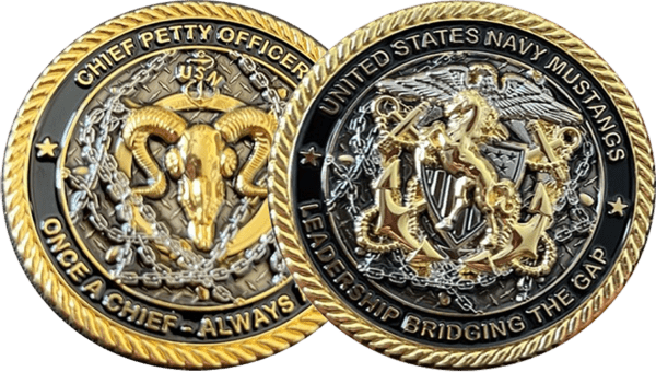 A pair of military coins with the words " petty officer chief-always " and " leadership gridding ".