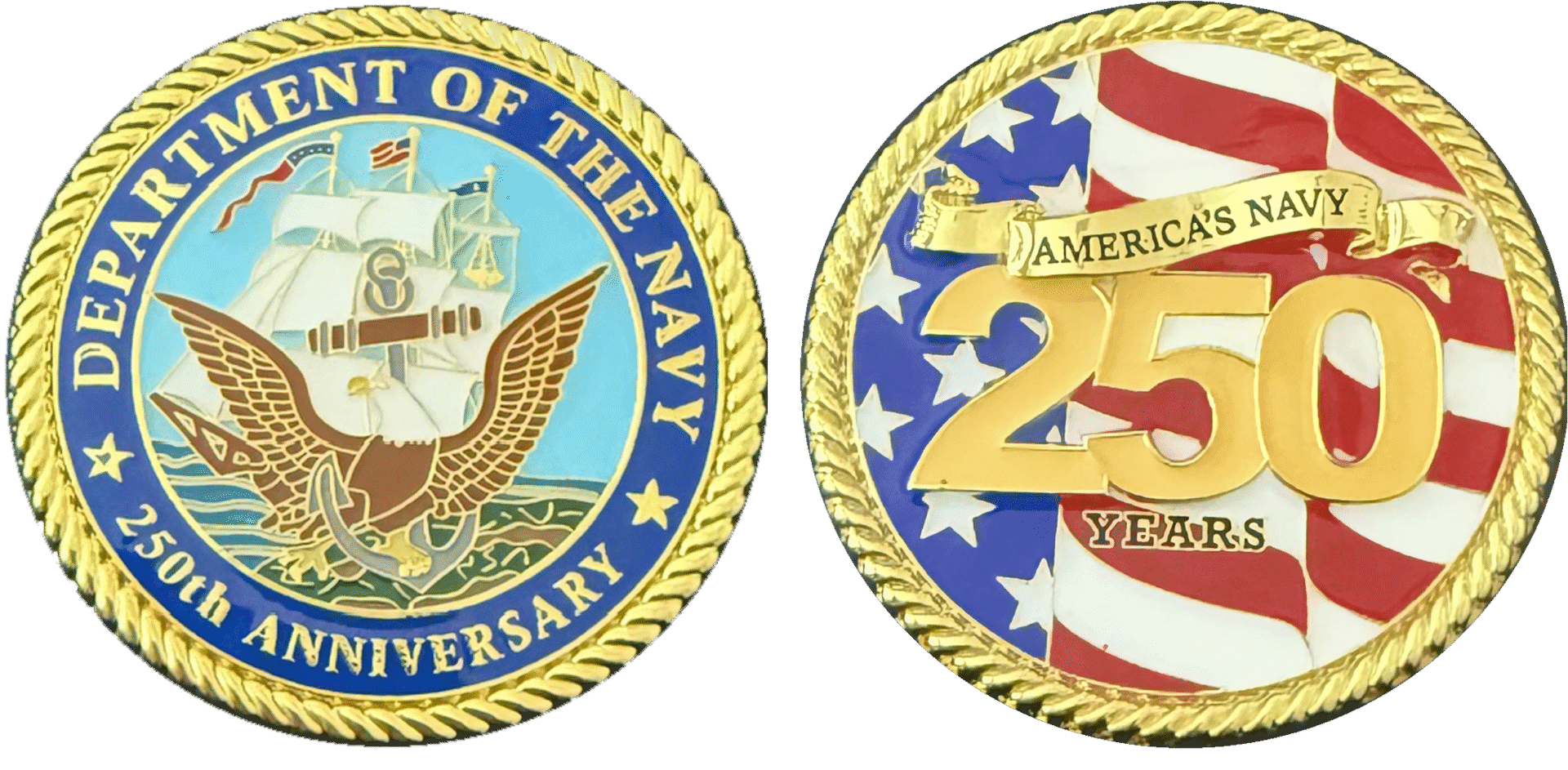 Commemorative coins celebrating the 250th anniversary of the U.S. Navy.