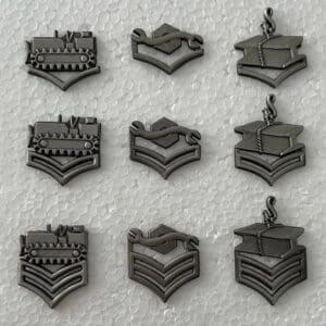 Nine military rank insignia on textured background.