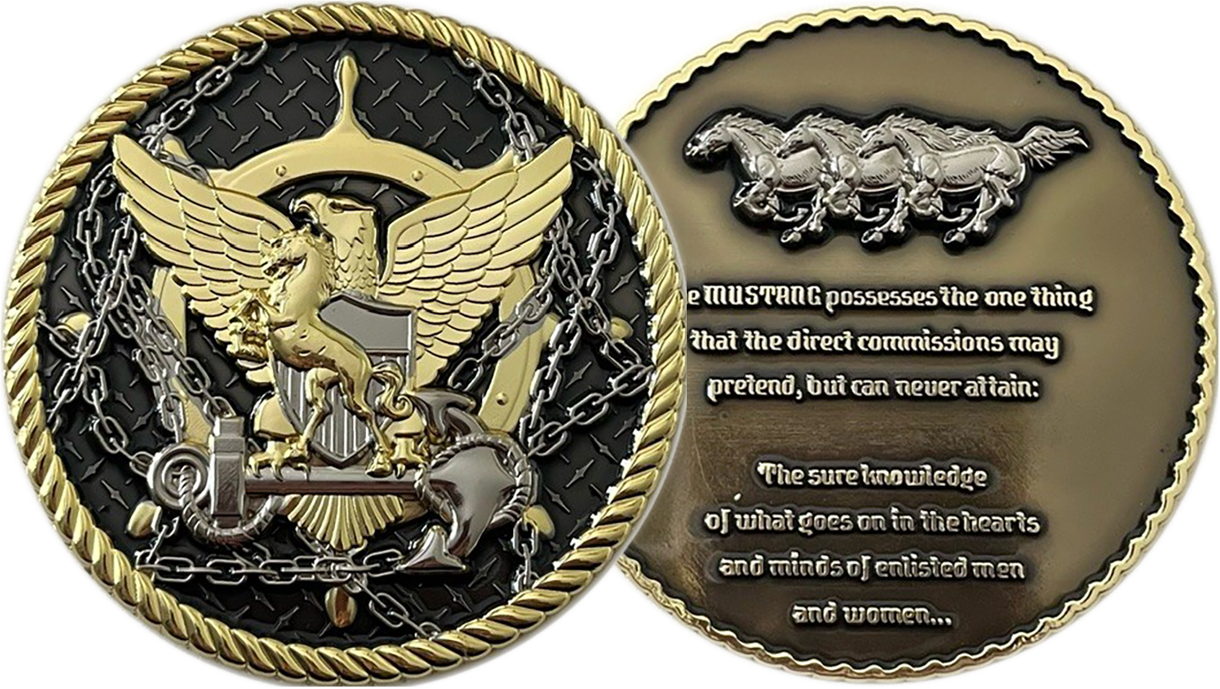 A coin with the image of an eagle and horses.