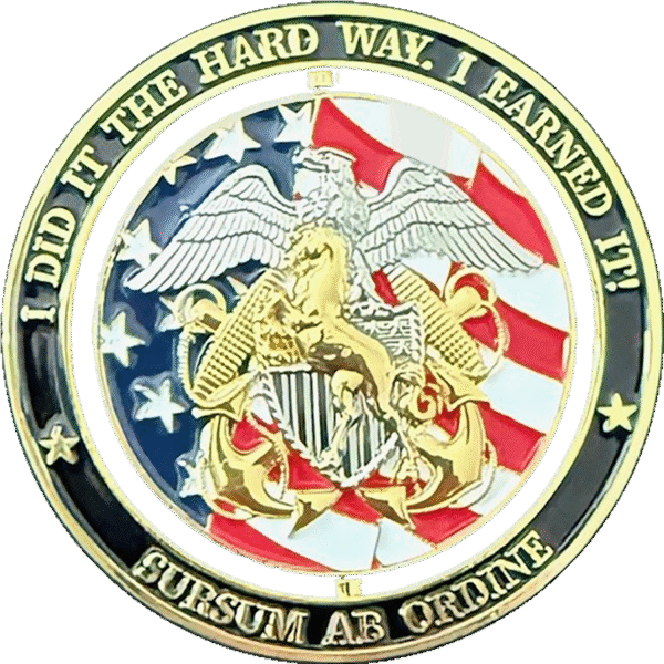 Military challenge coin with eagle and flags.